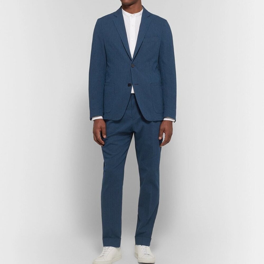 Officine Generale Navy Blue Slim Fit Cotton Blend Seersucker Suit Pants Set​